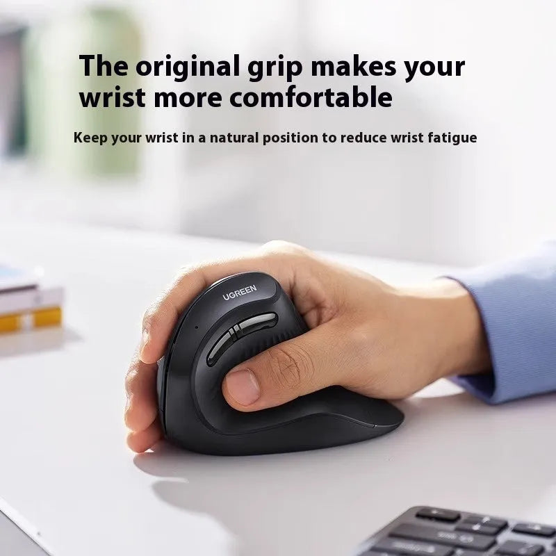 Black ergonomic vertical wireless mouse with dual-mode 2.4G and Bluetooth 5.0, adjustable DPI, mute click