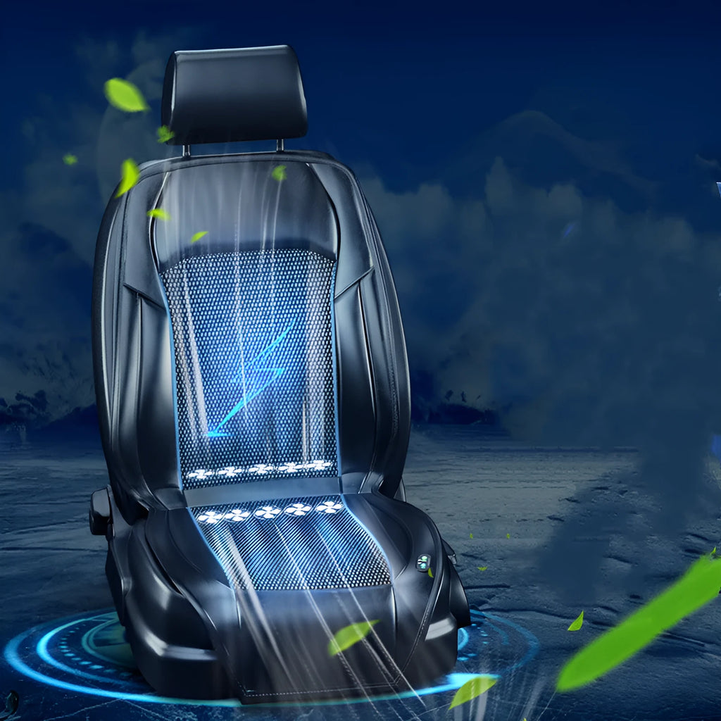 Brown ventilated car seat cushion with built-in cooling fan connected to cigarette lighter