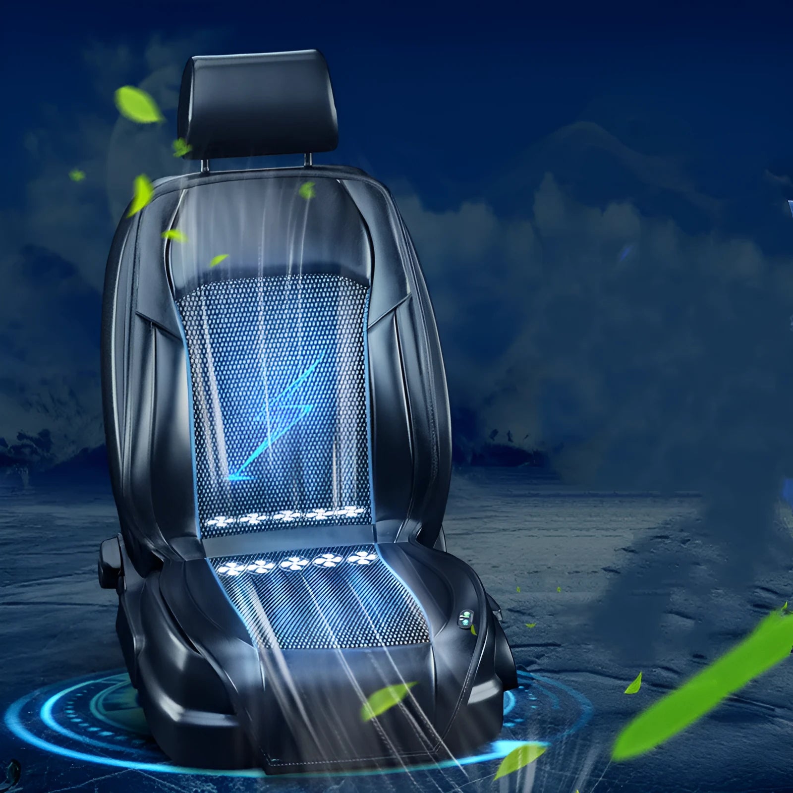Brown ventilated car seat cushion with built-in cooling fan connected to cigarette lighter
