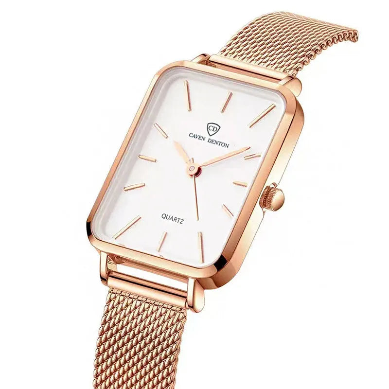 Women's waterproof quartz watch with woven steel strap in rose gold or silver, 34mm alloy case