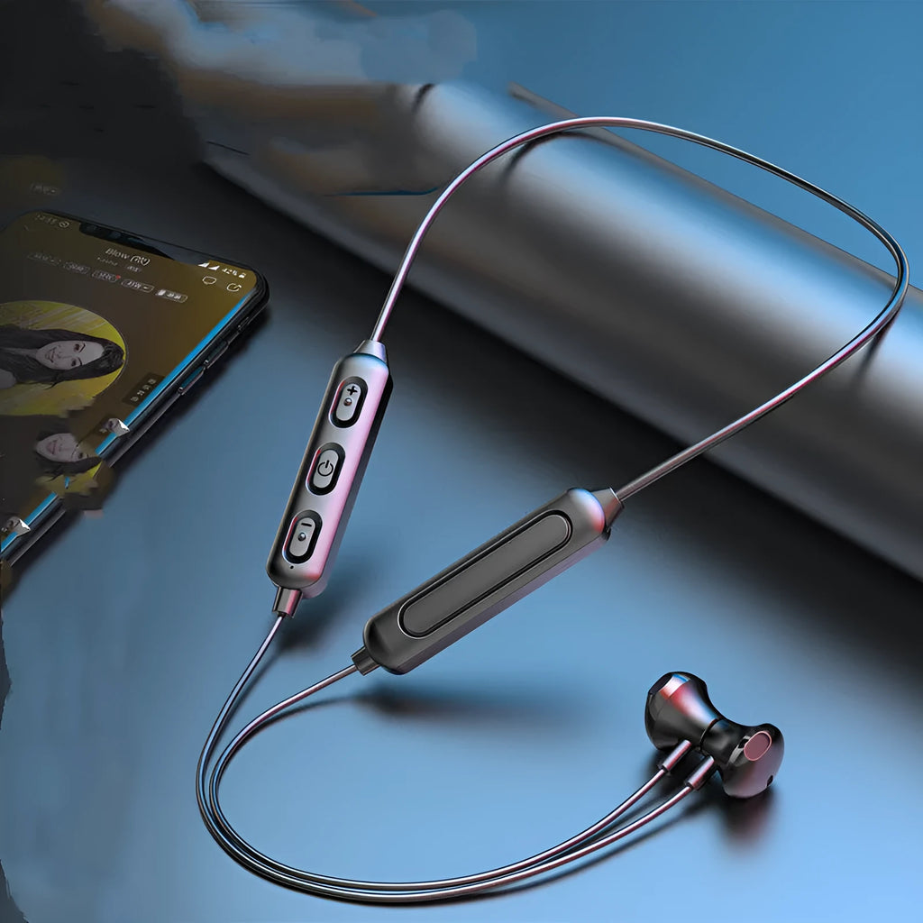 Black neck-mounted wireless sports earphones with Bluetooth 5.0 and 10-metre transmission range