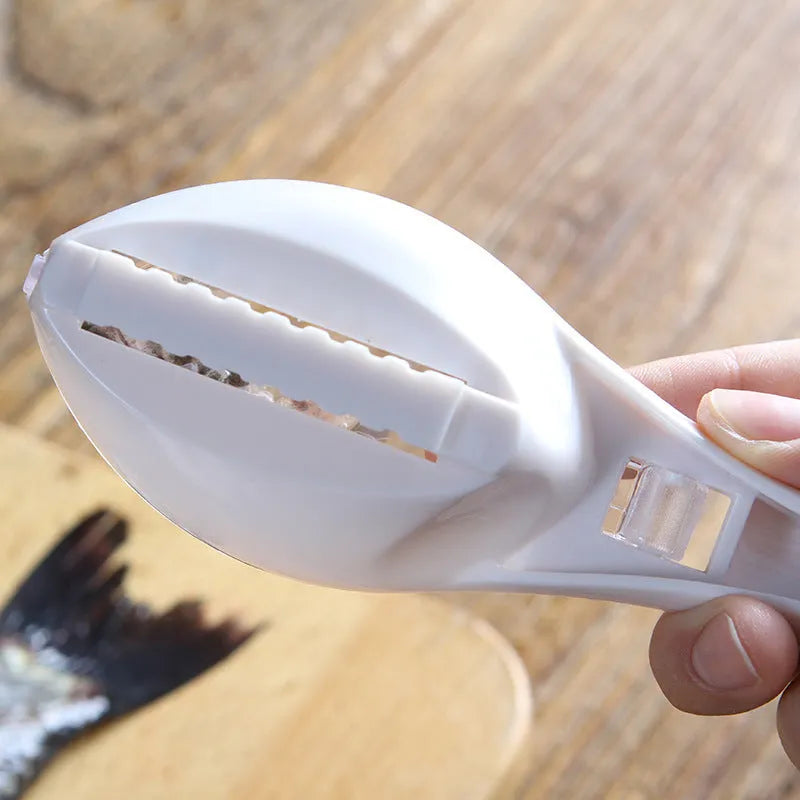Fish scale scraper kitchen tool with cover design in food-grade white plastic with hanging hole