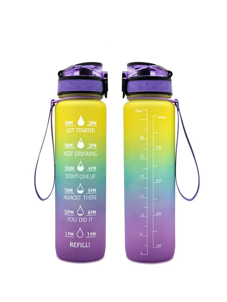 Clear 1000ml sports water bottle with infuser lid on a plain background.