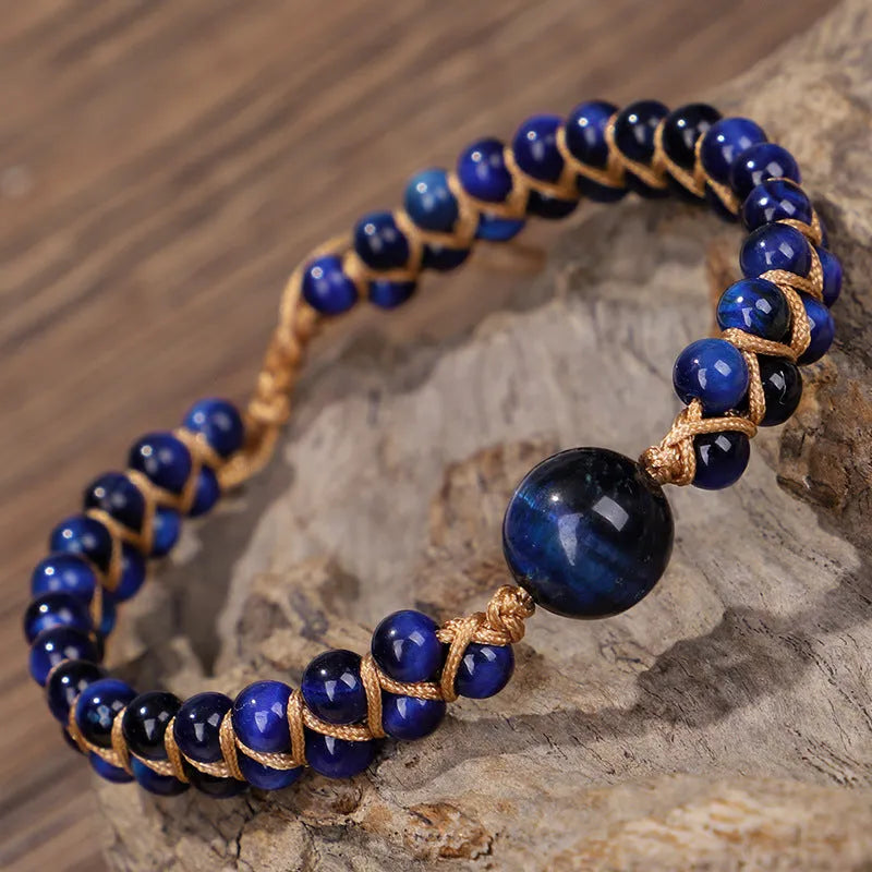 Handmade woven geometric pull bracelet in blue Tigereye or purple Amethyst beads.