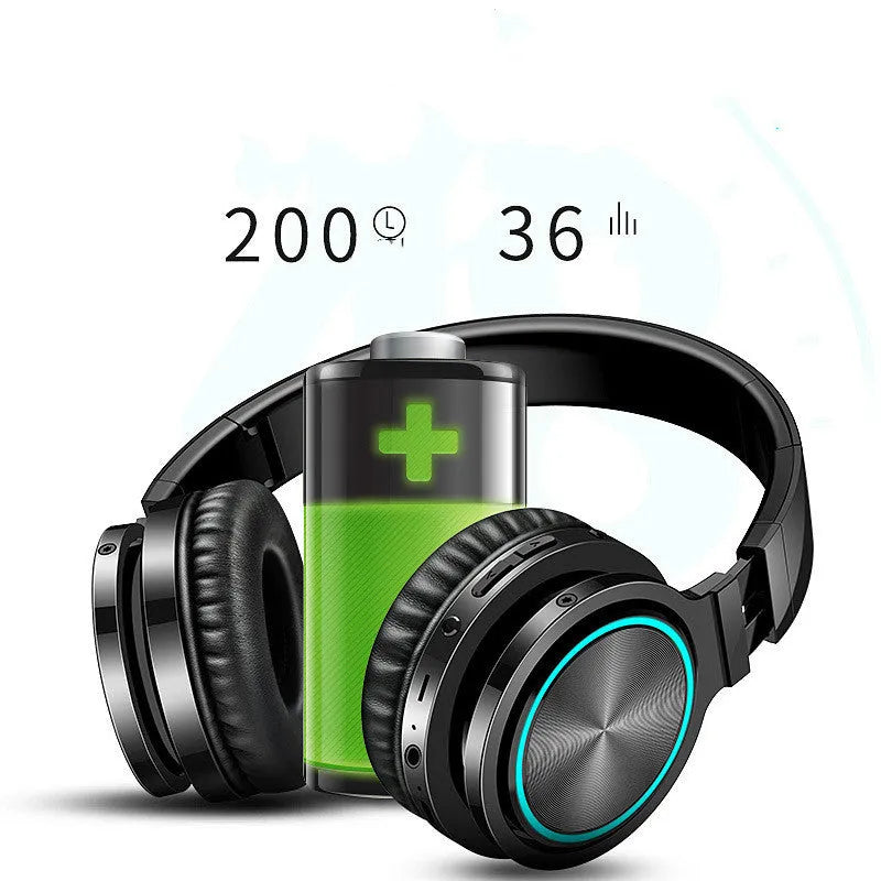 B12 wireless folding headset in black, black and red, or white and grey colour options showing head-mounted design
