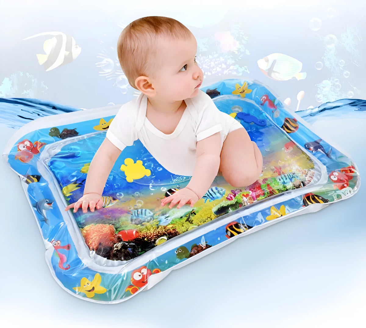 Baby inflatable water mat with 66x50cm PVC water cushion, two air rings, and foldable floor play design