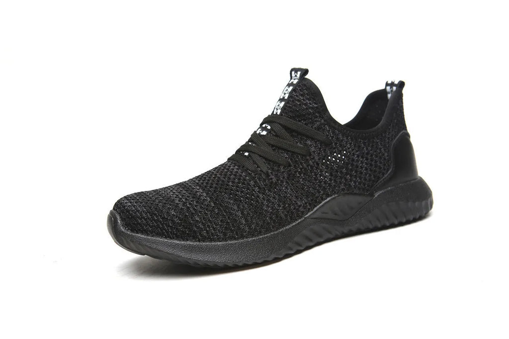 Men's low-top safety work shoes with a steel toe cap, available in black, grey, and dark green colours.