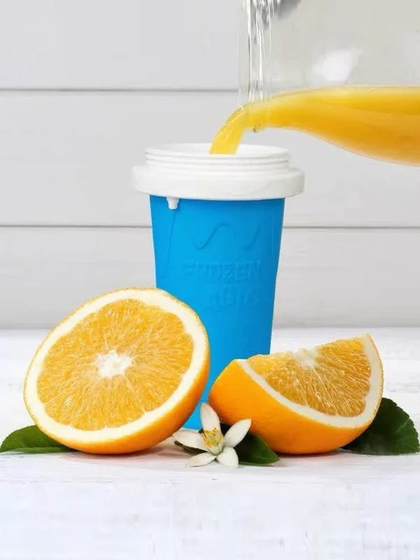 Blue quick refrigeration pinch cup with double-layer silicone construction for making slushies.