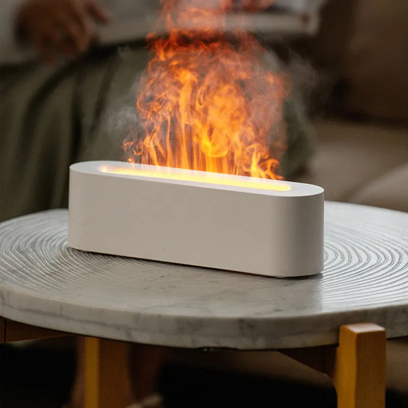 White square flame aroma diffuser with LED fire effect and ultrasonic humidifier function