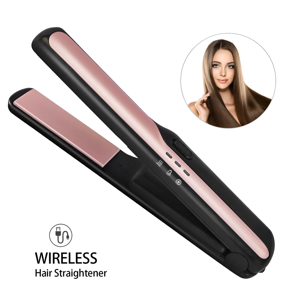 USB wireless hair straightener with tourmaline ceramic 15mm plates, black colour, cordless design on white background