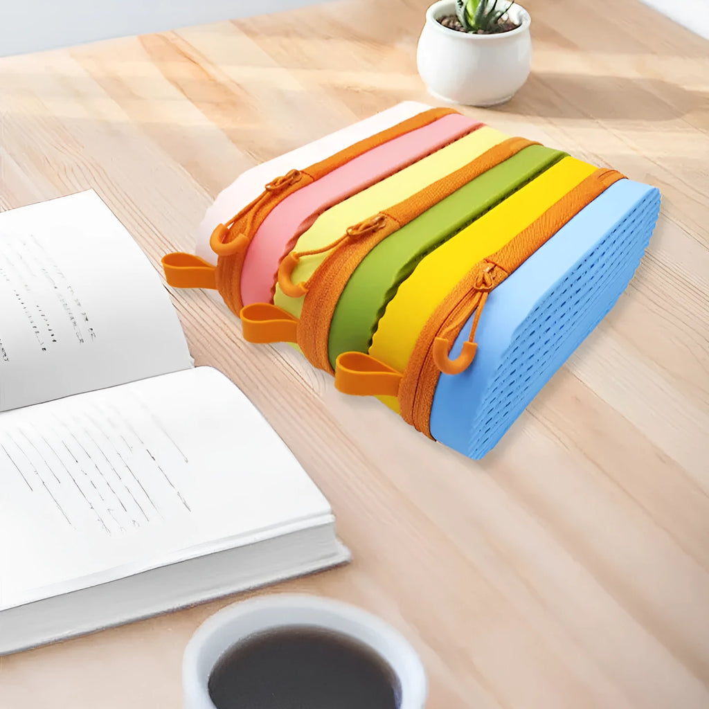 Silicone glasses case with long handle in rose red light purple colour, showing 200x80x50mm dimensions