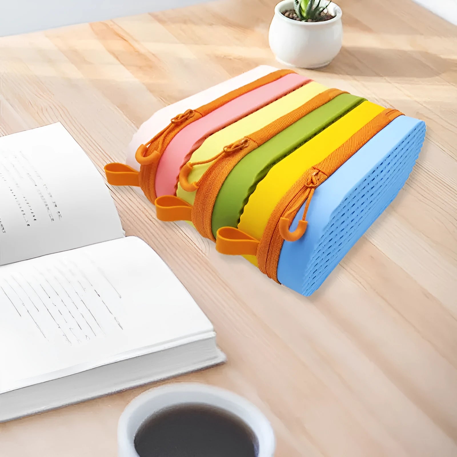 Silicone glasses case with long handle in rose red light purple colour, showing 200x80x50mm dimensions