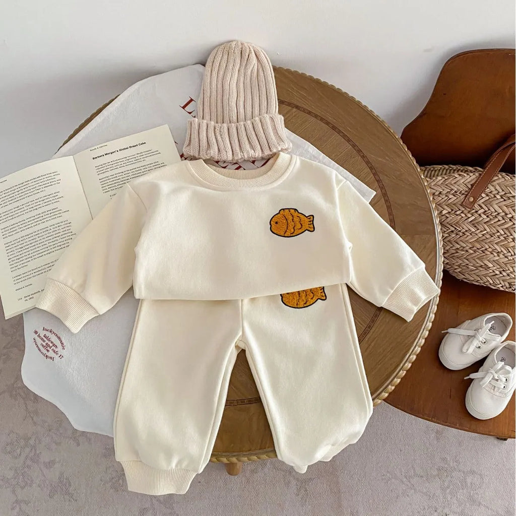 Baby cotton fish embroidered pullover top and ankle banded trousers set in light beige or pink, 73cm to 110cm