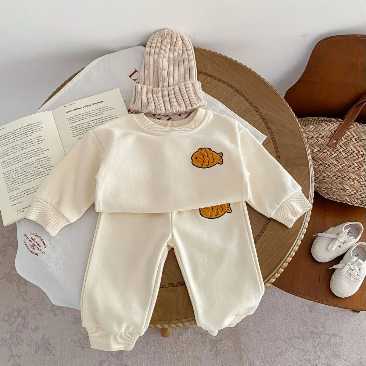 Baby cotton fish embroidered pullover top and ankle banded trousers set in light beige or pink, 73cm to 110cm