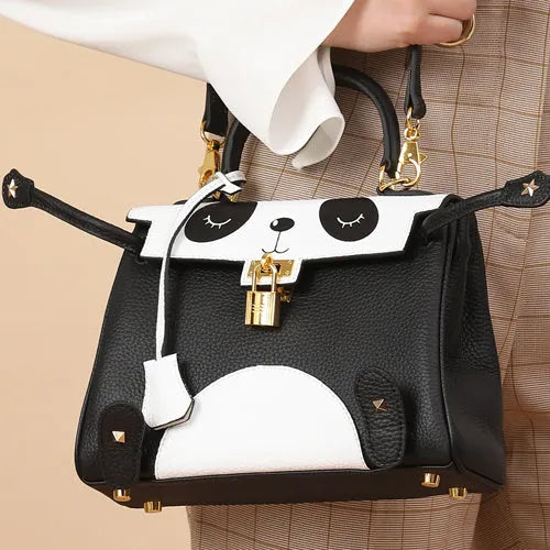 Women's cow leather panda print handbag in a horizontal square shape.