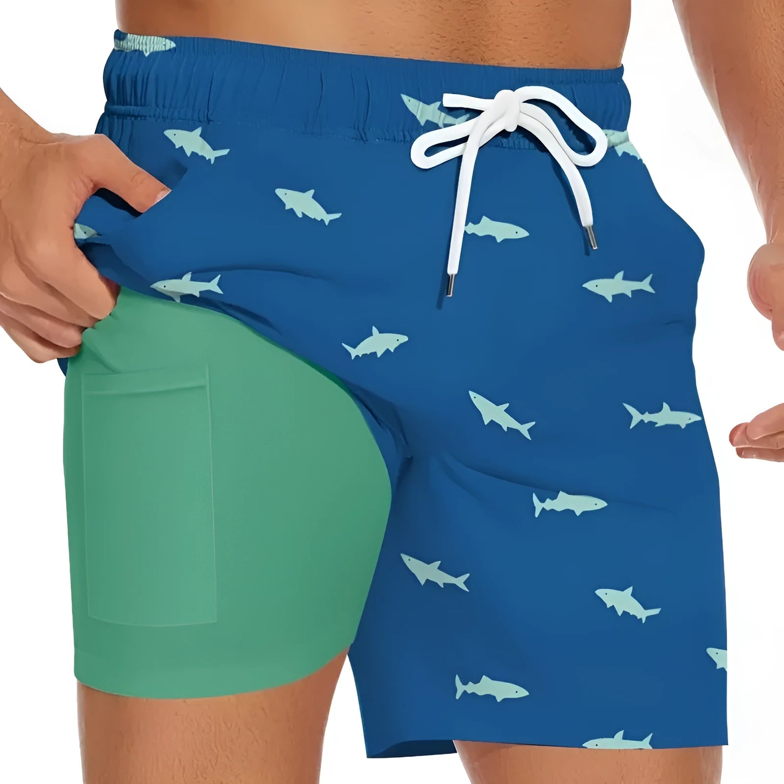 Men's black shark print beach shorts with drawstring waist on a straight-leg short