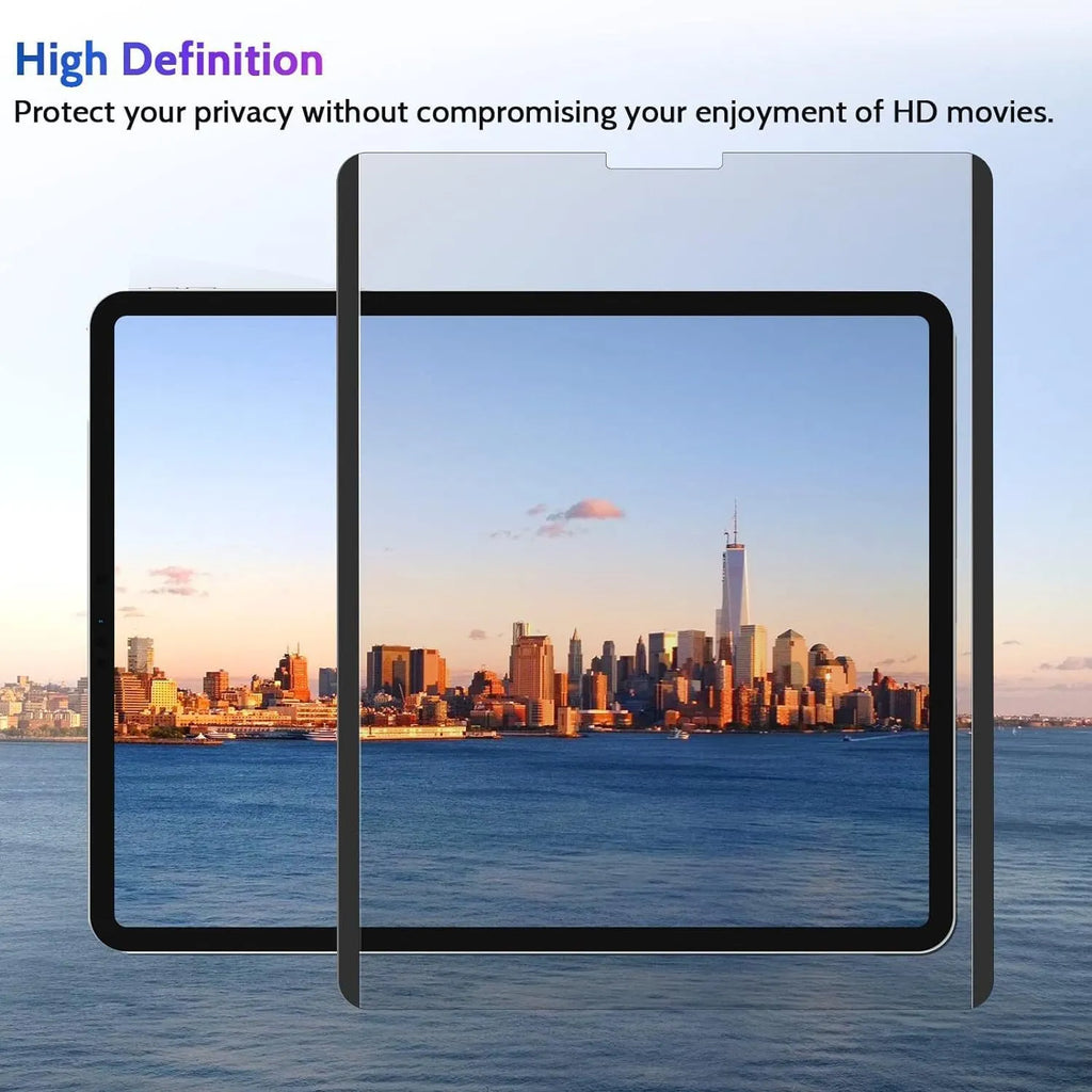 Magnetic privacy screen protector film shown attached to an iPad Pro, with narrow viewing angle effect demonstrated.