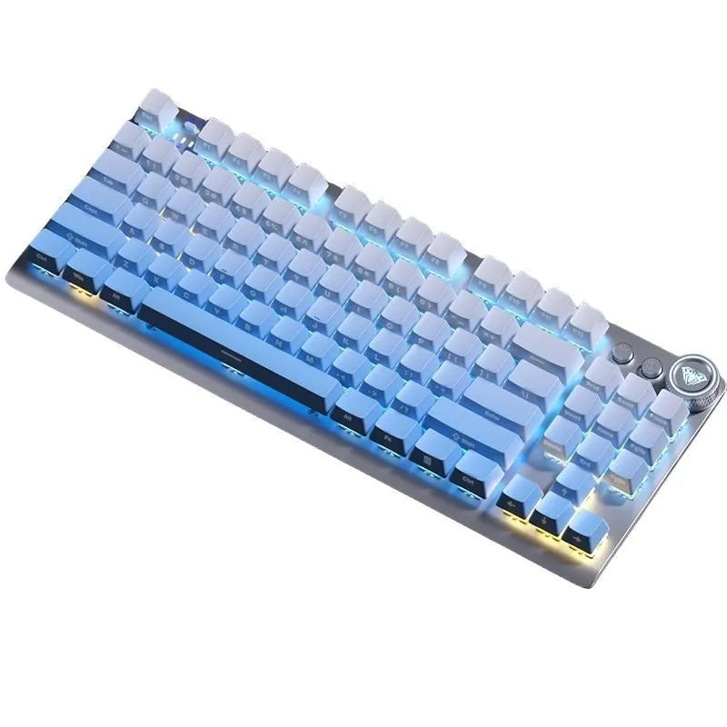 Wireless mechanical keyboard with side engraving and metal construction showing Bluetooth connectivity