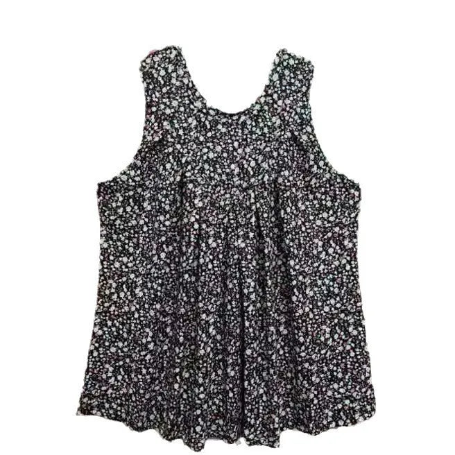 Black plus size sleeveless vest with floral print, shown on a hanger.