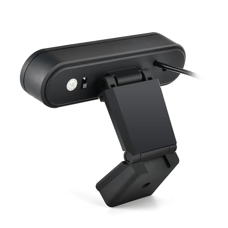 Black HD webcam with built-in microphone and glass lens on a laptop screen