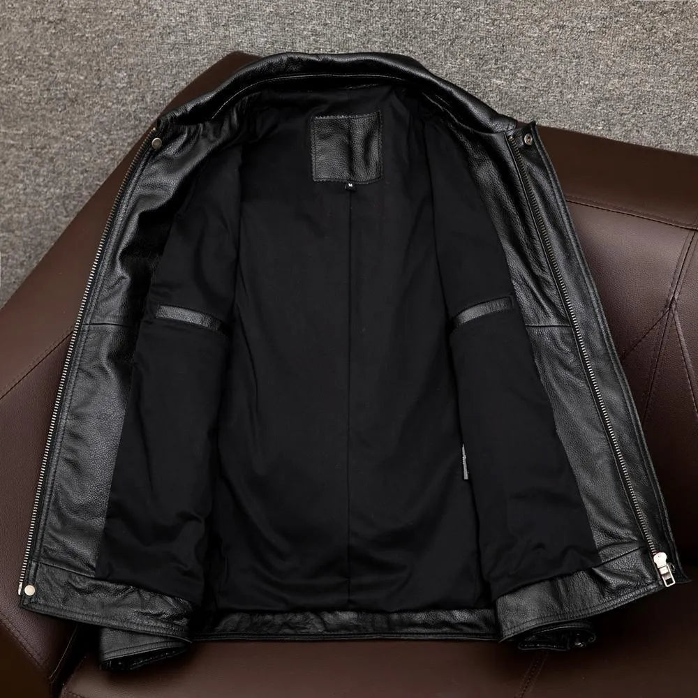 Men's black PU leather jacket with lapel collar and side pockets