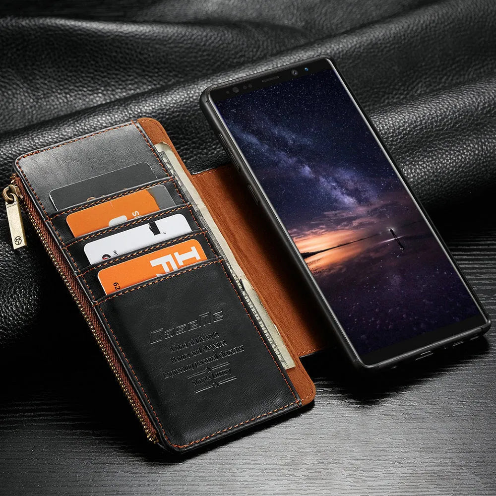 Black PU leather flip phone case open, showing Samsung Galaxy Note9 securely fitted inside.
