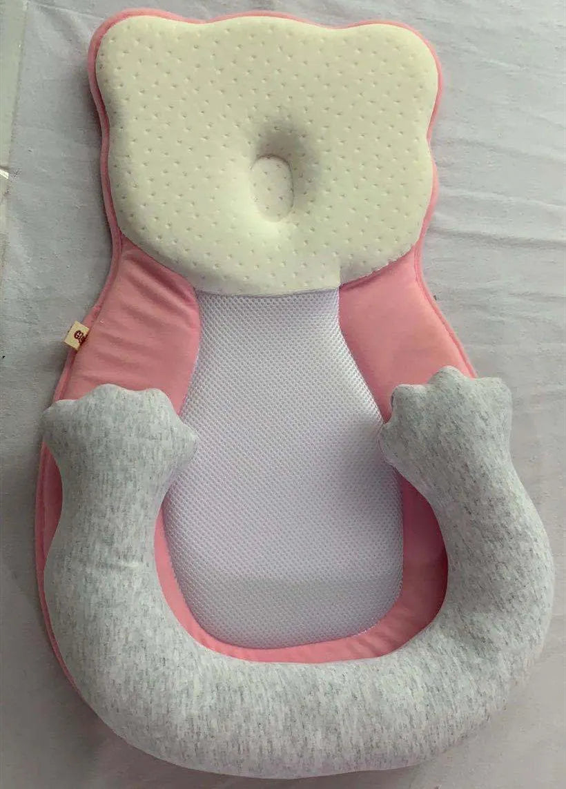 Portable baby flat sleep pillow with soft cotton surface in multiple colour options on a neutral background.