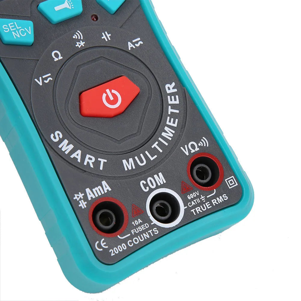 Green automatic digital universal meter with LED display, backlight, and a rear support bracket.