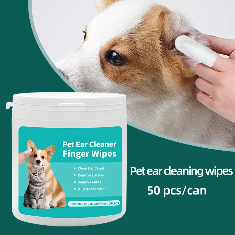 Box of disposable pet teeth cleaning wipes and ear cleaning wipes with fingertip applicators for cats and dogs.