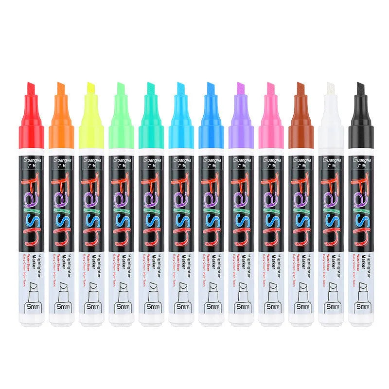 Plastic electronic fluorescent plate highlighter pen with oblique 6mm tip, shown in multi-colour sets for dry-wipe boards.