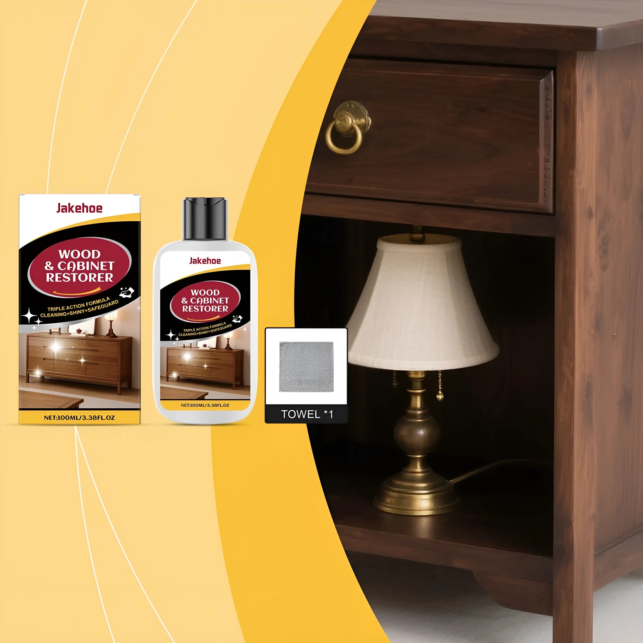 Wooden furniture scratch care kit with 100ml bottle and microfiber towel for surface maintenance