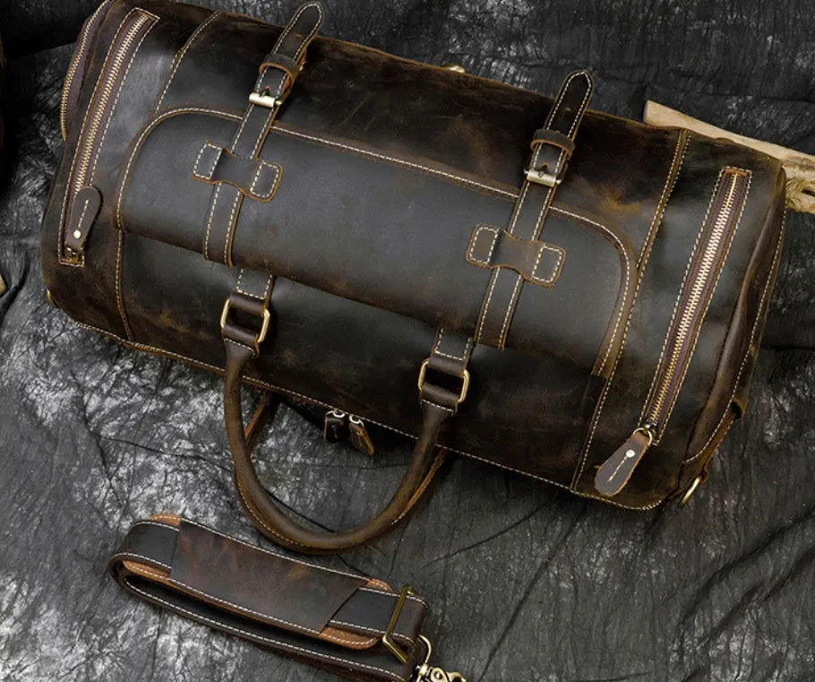 Retro crazy horse leather travel bag 22 inch 36-55L first layer cowhide in red brown or dark brown