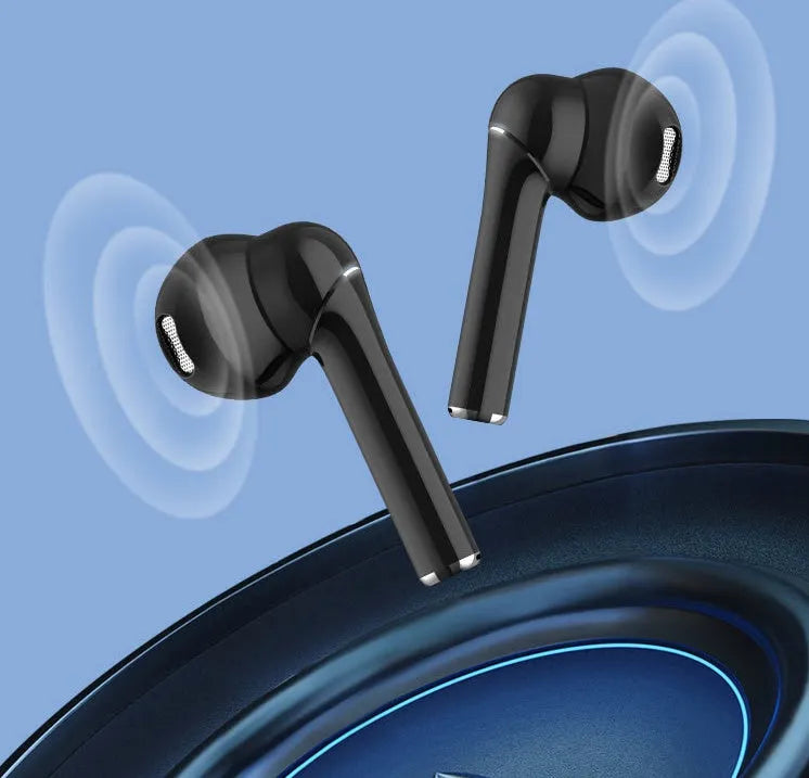 Black TWS wireless Bluetooth sports headset with Bluetooth 5.0, 10 metre range, stereo earplug design and battery display