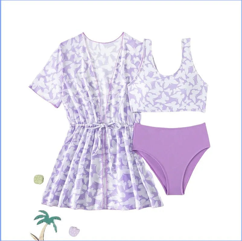 Girls' three piece split swimsuit set in colour 3218 showing coat, vest and matching briefs
