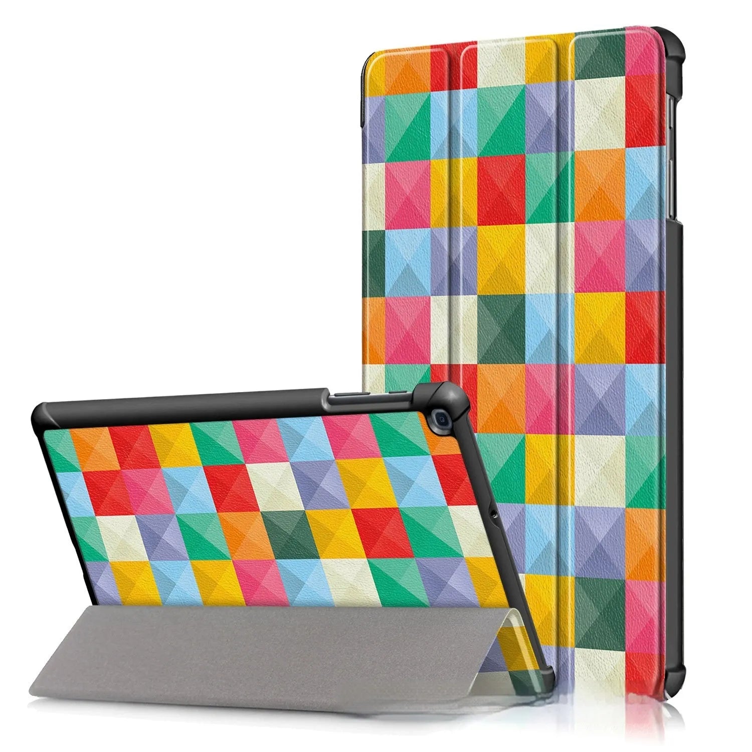Leather tablet protective flip cover case for Samsung tablets in cartoon design, showing tri-fold stand.