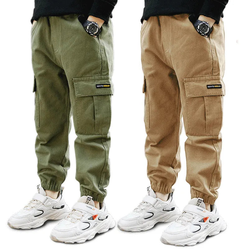 Boys' cotton summer trousers in army green, available in sizes 110cm to 170cm with closed-crotch design
