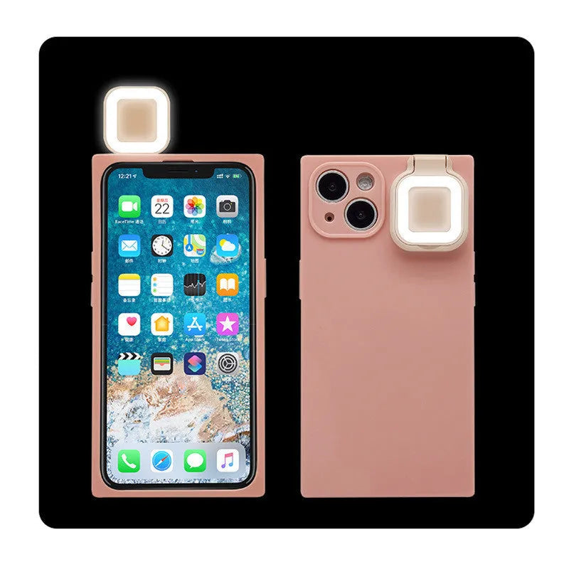 iPhone 13 phone case with built-in ring flash light for selfie photography in pink colour