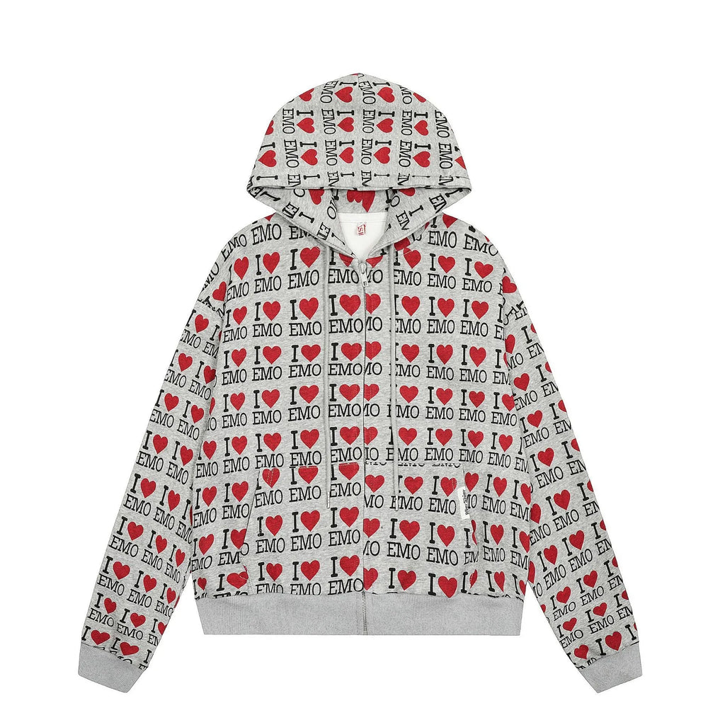 Women's grey mixed colour cotton hooded cardigan with a retro pattern and long sleeves.