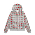 Women's grey mixed colour cotton hooded cardigan with a retro pattern and long sleeves.