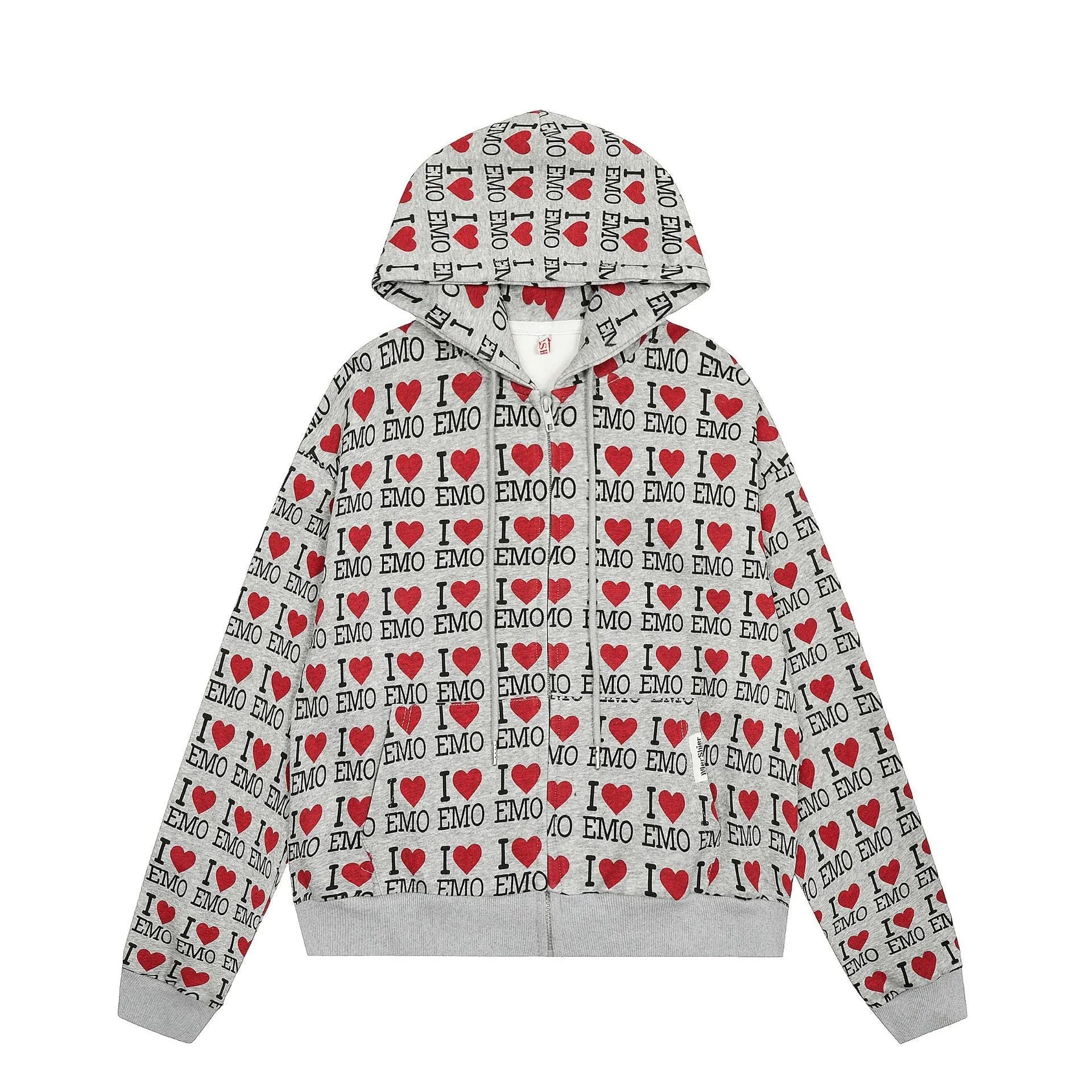 Women's grey mixed colour cotton hooded cardigan with a retro pattern and long sleeves.