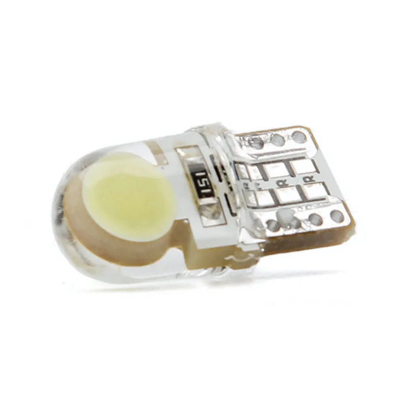 Pack of ten T10 wedge base LED bulbs for cars in seven different colours on a white background