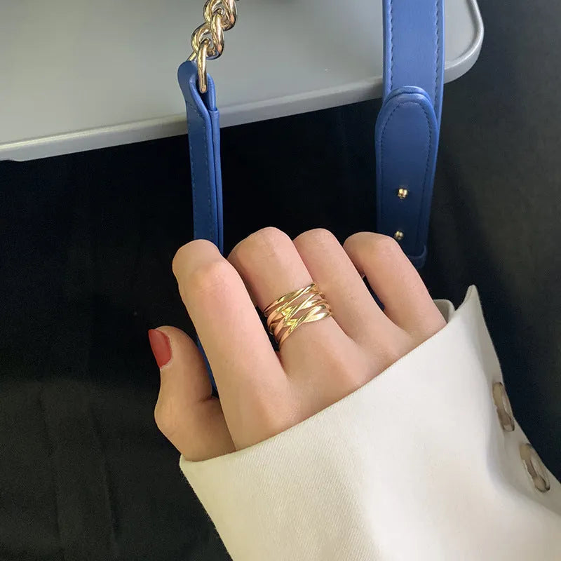 Retro multi-layer wrapped line ring for women copper electroplated silver gold adjustable opening