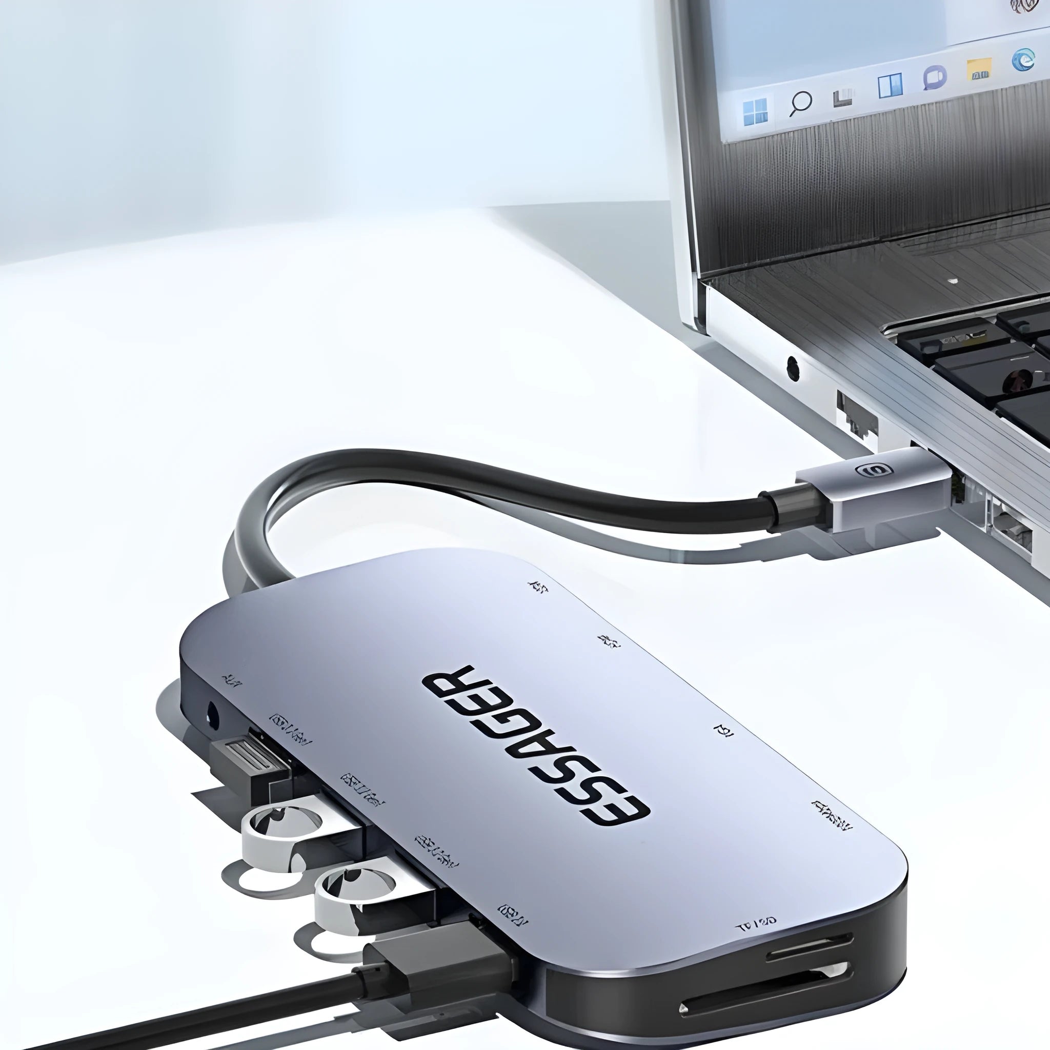 11-in-1 USB Type-C expansion hub with Gigabit Ethernet port and a 20cm integrated cable.