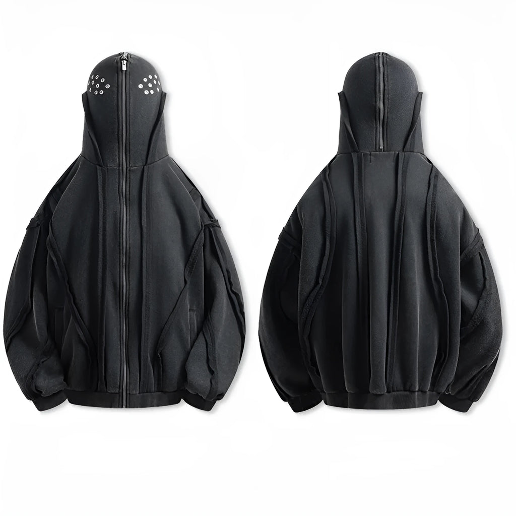 Black men's zip-up hooded cardigan with abstract pattern and padded filling
