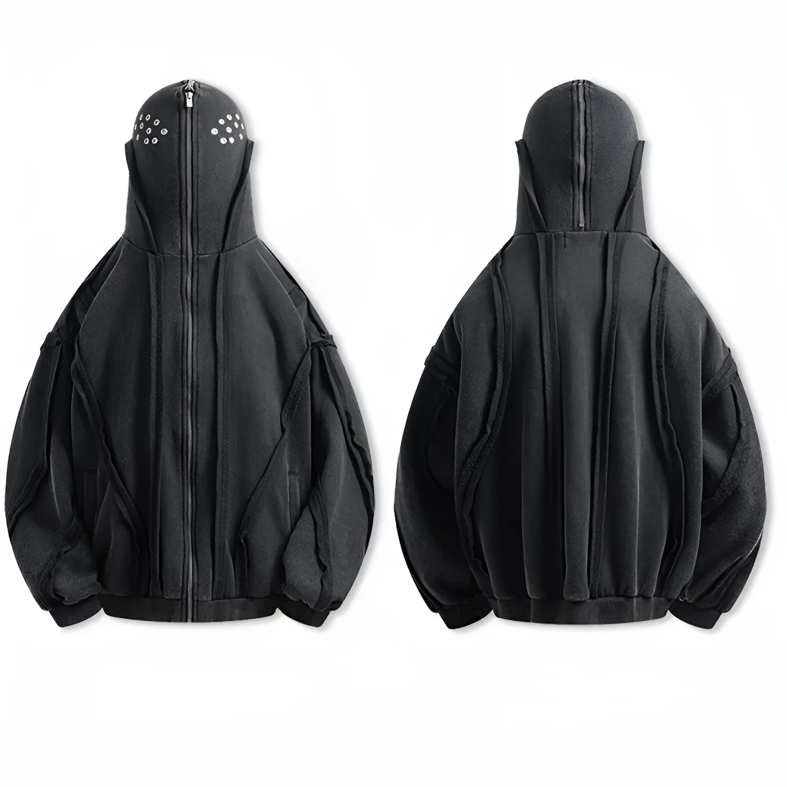 Black men's zip-up hooded cardigan with abstract pattern and padded filling