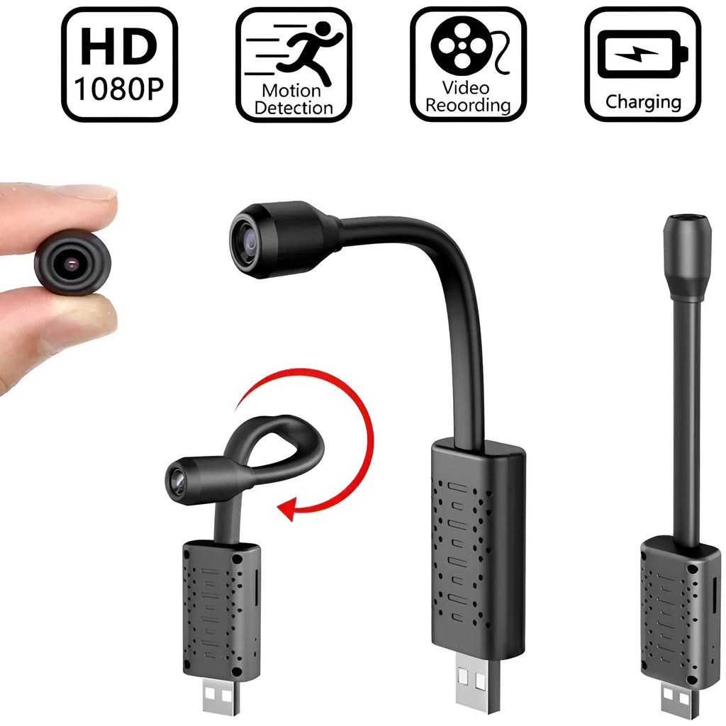 Small black V380 wireless USB security camera shown next to a microSD card.