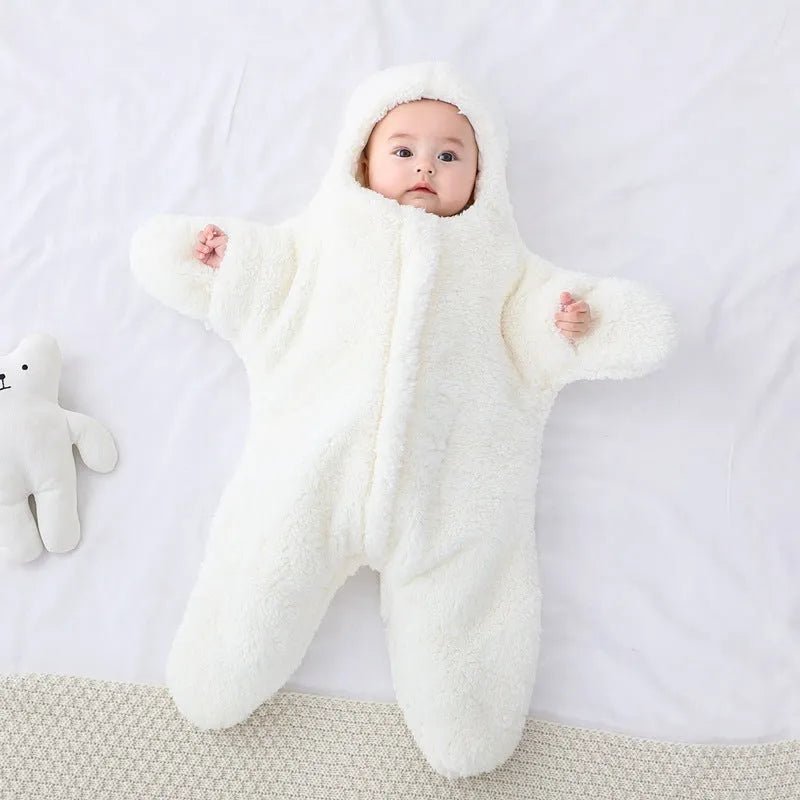 Starfish lamb velvet baby sleeping bag with hood and front zipper for a newborn.