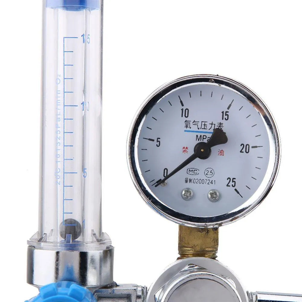 Blue oxygen cylinder pressure reducer accessory with dial and connection fitting for gas flow regulation.