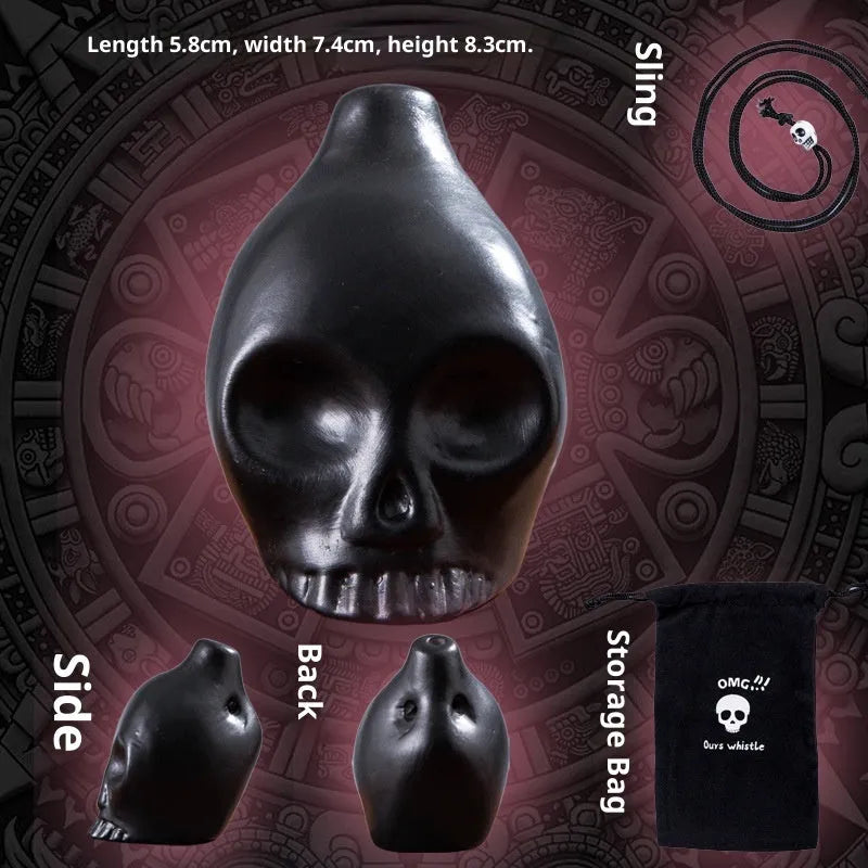 Skull whistle decompression toy in dolomite ceramic, shown in matte black and red and black colour options