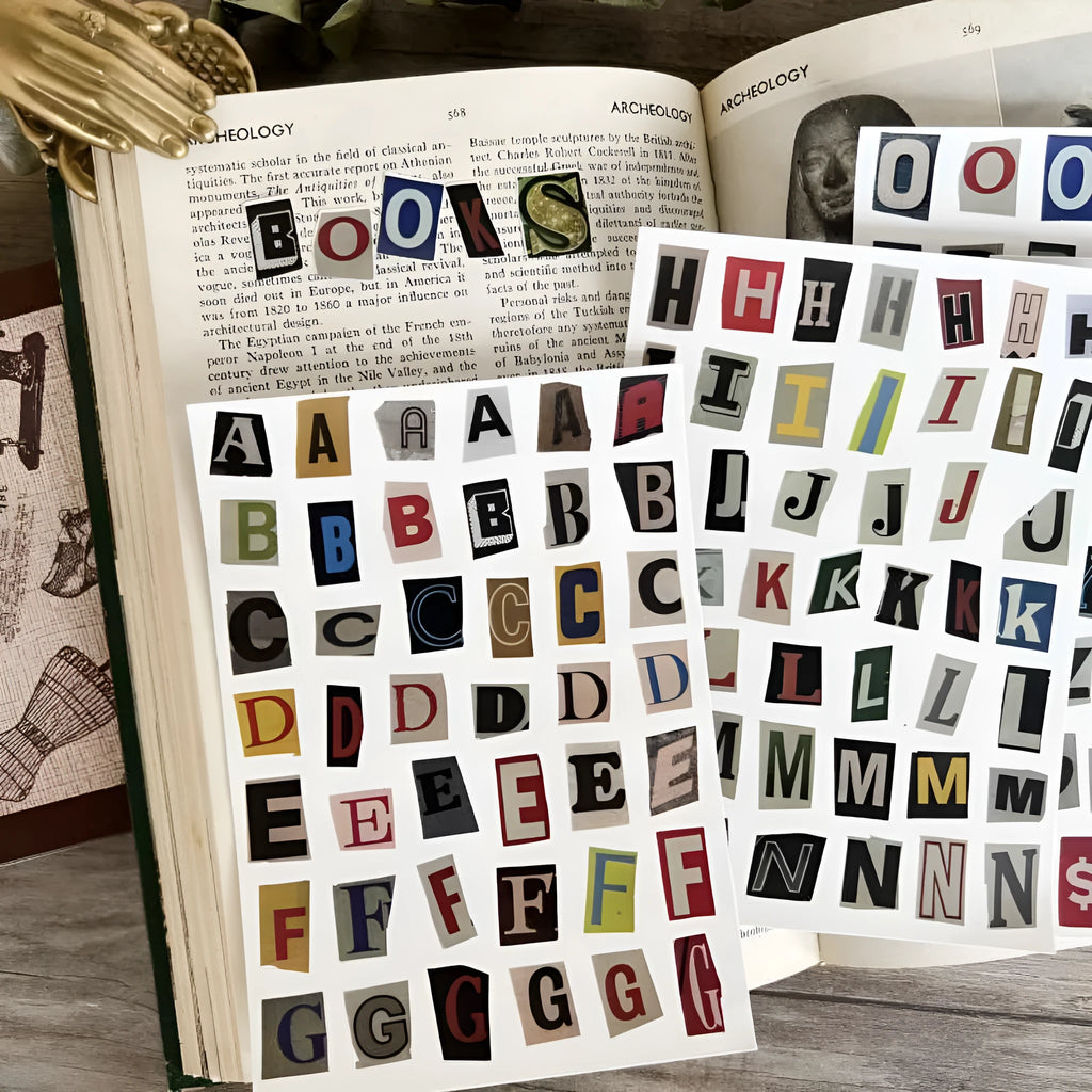 Set of cute style decorative stickers showing English letters, numbers, symbols, and weekly words.